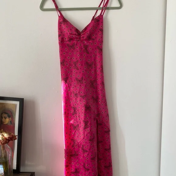 uo rose satin slip dress Urban Outfitters UO Seamed Satin Slip Dress Pink M Lace Up Back Orig $59